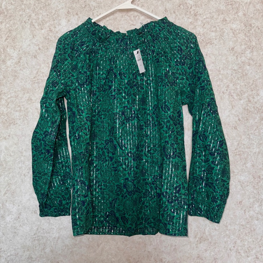 Talbots Green Floral Metallic Stripe Smocked Mock Neck Blouse NWT XS
